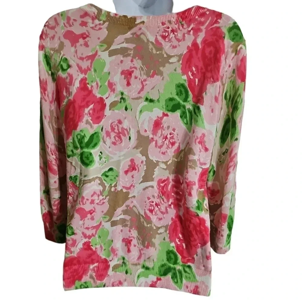 Talbots Women’s MP Cardigan Pink Green Floral Cotton Button Front Preppy Cottage - Picture 3 of 7